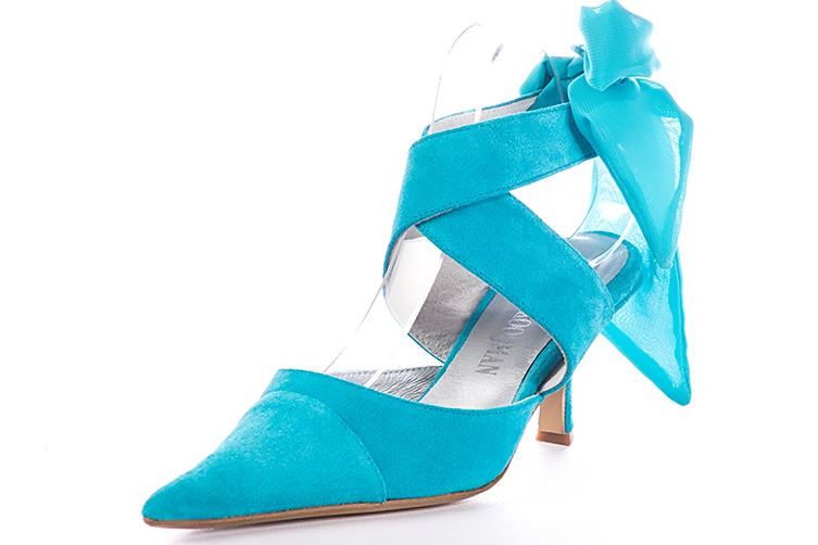 Turquoise blue women's open back shoes, with crossed straps. Pointed toe. High spool heels. Front view - Florence KOOIJMAN